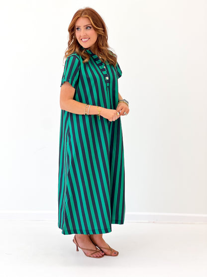 Teal striped midi dress with high neck, button placket, and short sleeves
