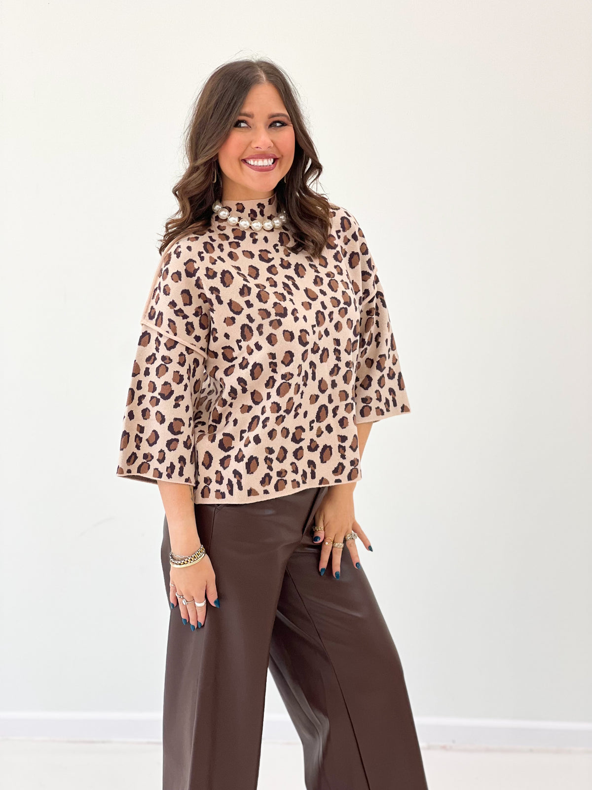Taupe leopard print mock neck sweater, pullover style