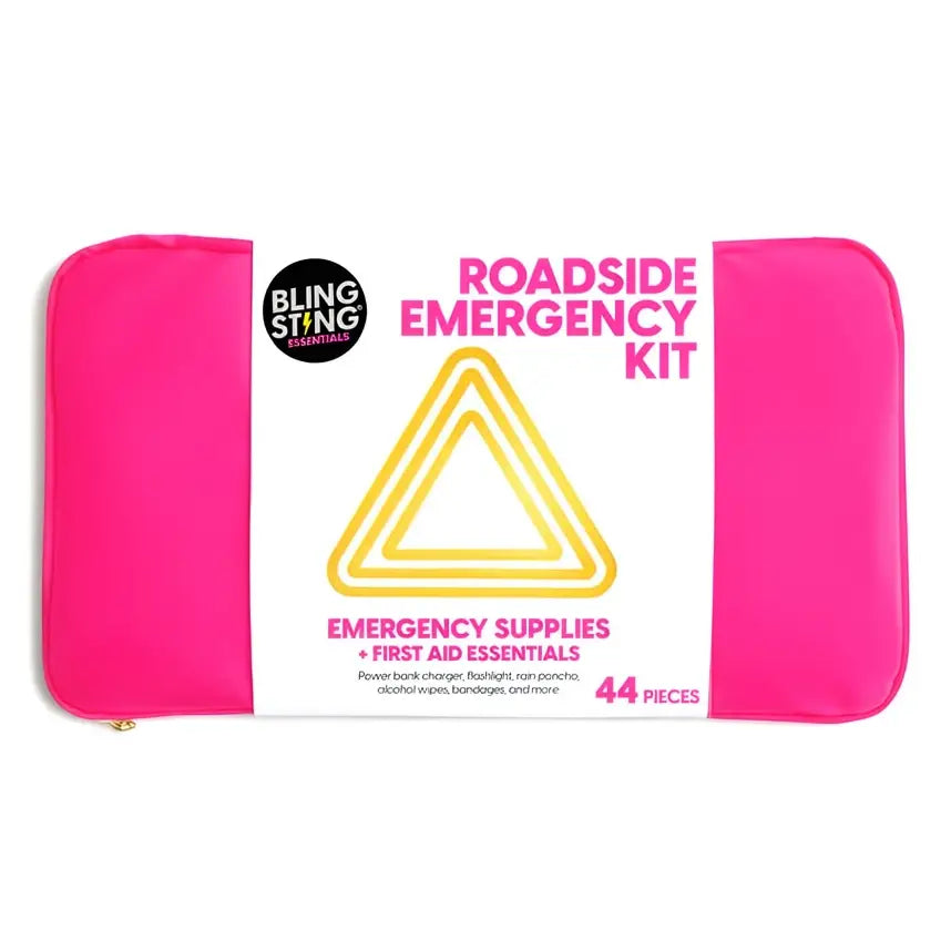 Pink emergency kit case with warning triangle graphic and emergency supplies text