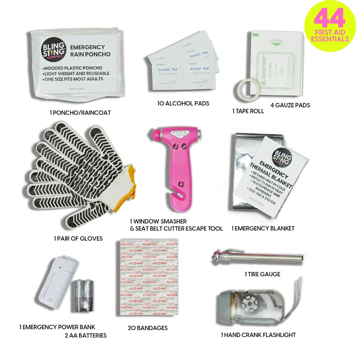 Emergency kit contents with gloves, bandages, gauge, flashlight, poncho, and blanket