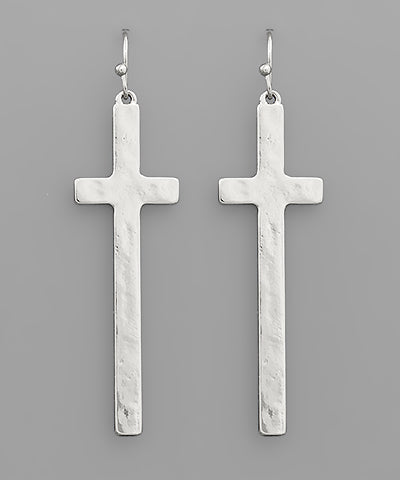 Golden Stella Hammered Cross Earrings in Rhodium