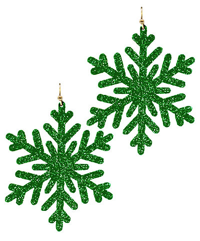 Golden Stella Glitter Snowflake Earrings in Green