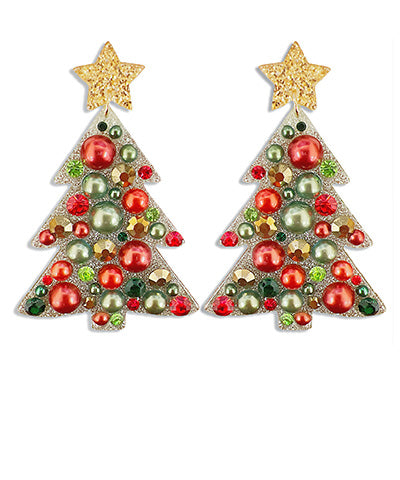 Golden Stella Christmas Tree Acetate Jewel Earrings in Green