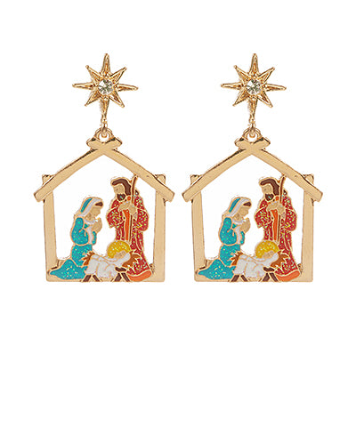 Golden Stella Nativity Enamel Drop Earrings in Gold/Multi