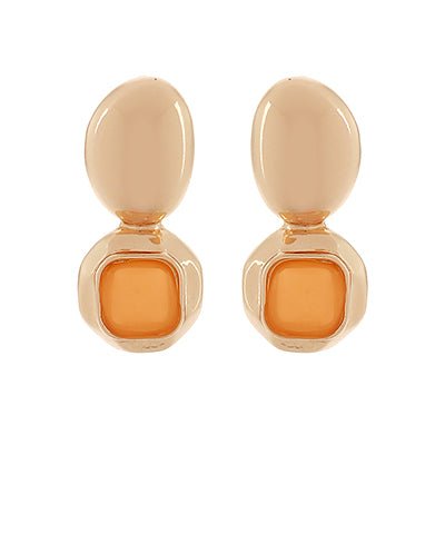 Square Dome Stone & Oval Earrings in Orange/Gold