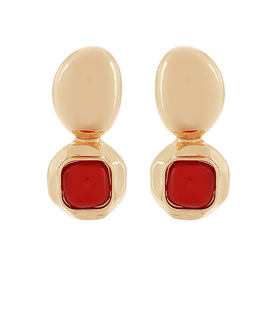 Square Dome Stone & Oval Earrings in Red/Gold