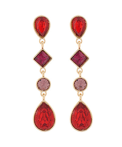 Golden Stella Glass Multi Shape 4 Drop Earrings in Red/Gold