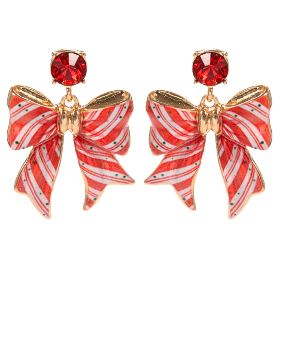Golden Stella Christmas Bow & Stone Earrings in Red/White