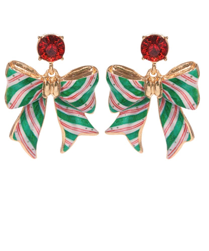 Golden Stella Christmas Bow & Stone Earrings in Green/White