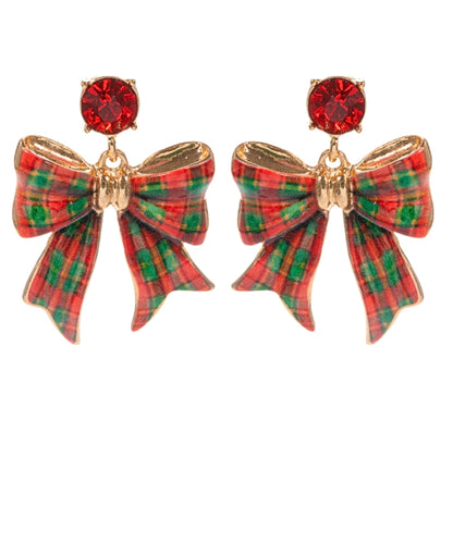 Golden Stella Christmas Bow & Stone Earrings in Red/Green
