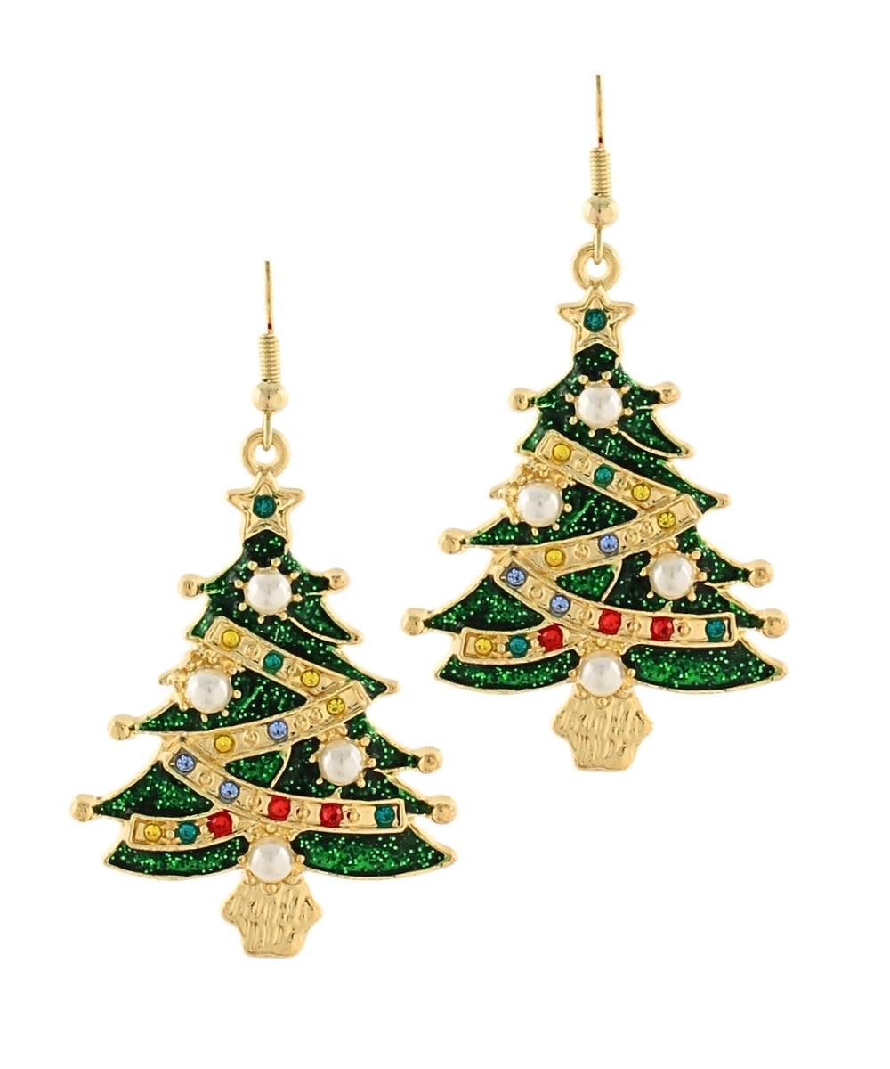 Golden Stella Christmas Tree w/Pearl Earrings in Green