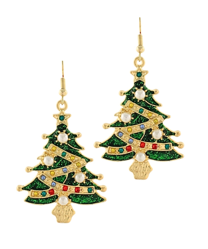 Golden Stella Christmas Tree w/Pearl Earrings in Green