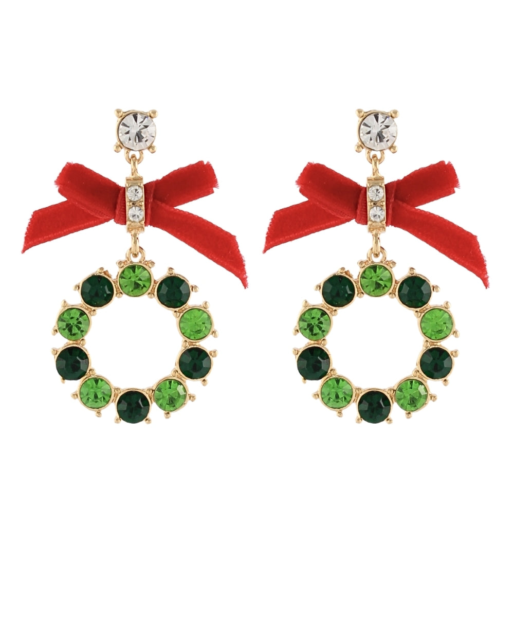 Golden Stella Christmas Pave Stone Wreath Earrings in Green/Red