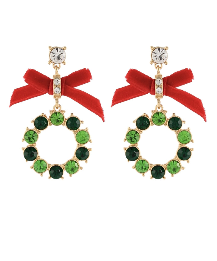 Golden Stella Christmas Pave Stone Wreath Earrings in Green/Red