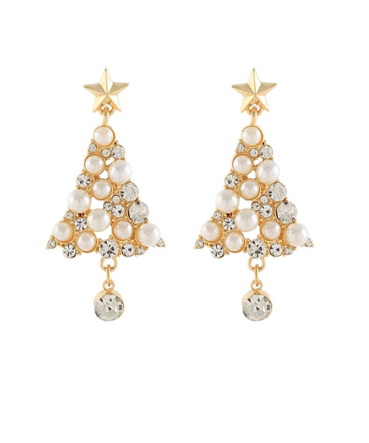 Golden Stella Cream Christmas Tree w/Pearl Earrings in Cream/Gold