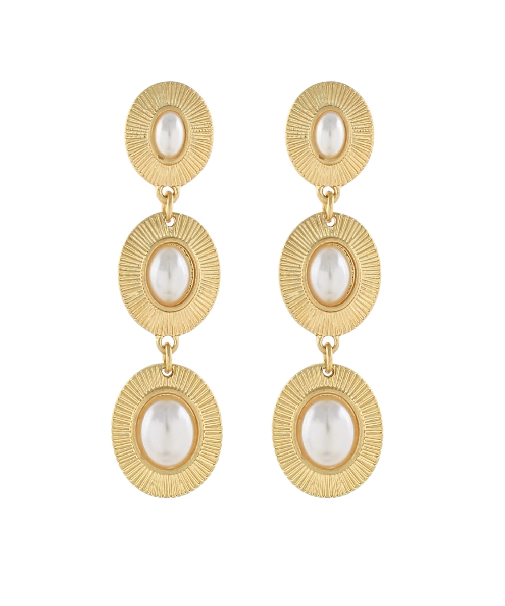 Golden Stella Linear Framed Oval Earrings in Gold/Cream