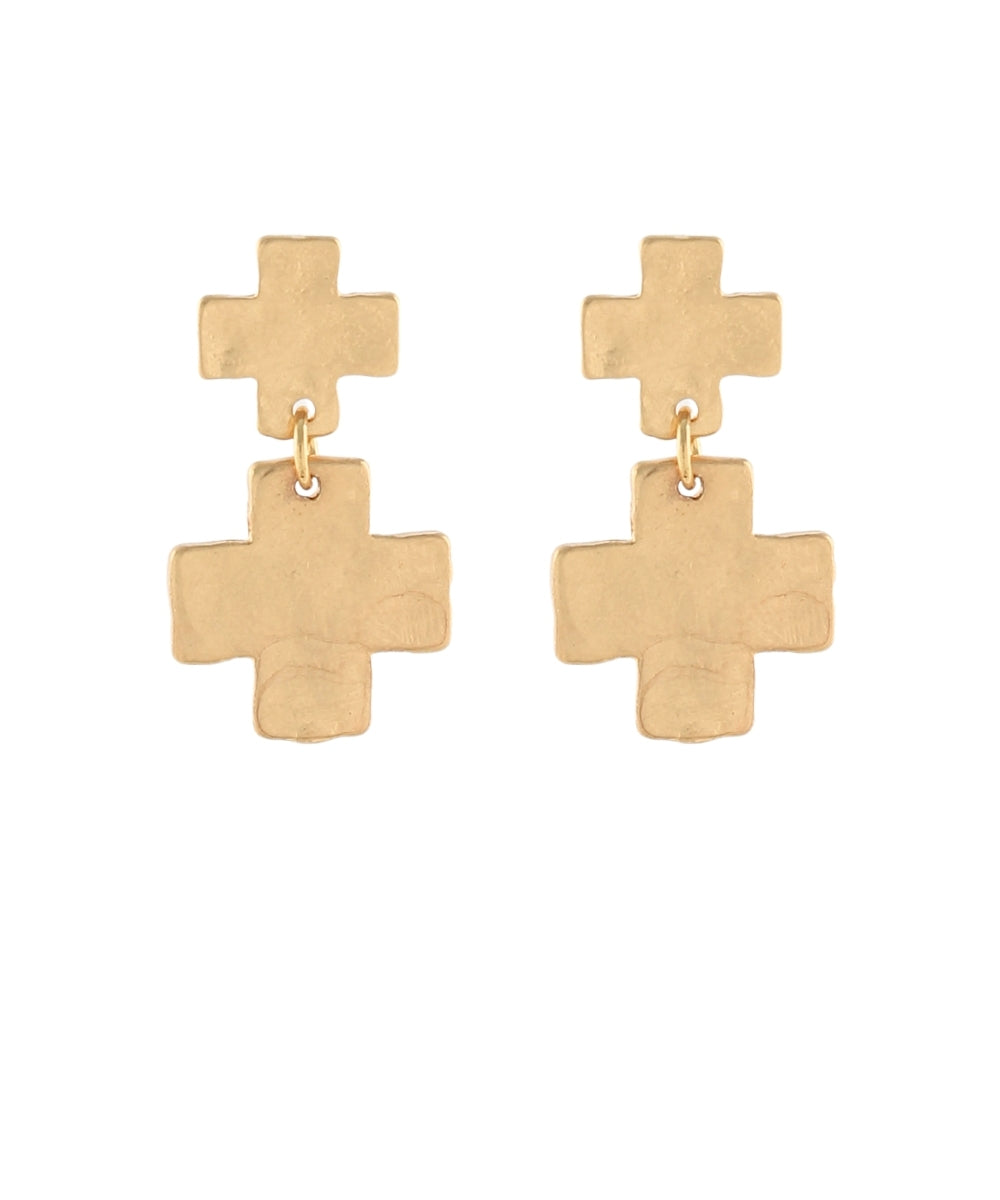 Golden Stella Double Byzantine Cross Dangle Earrings in Worn Gold