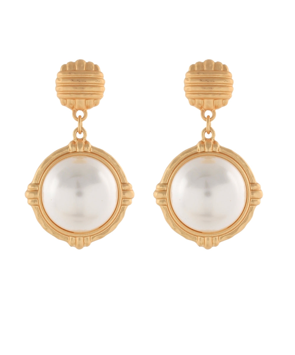 Dome Pearl & Textured Square Dangle Earrings Cream