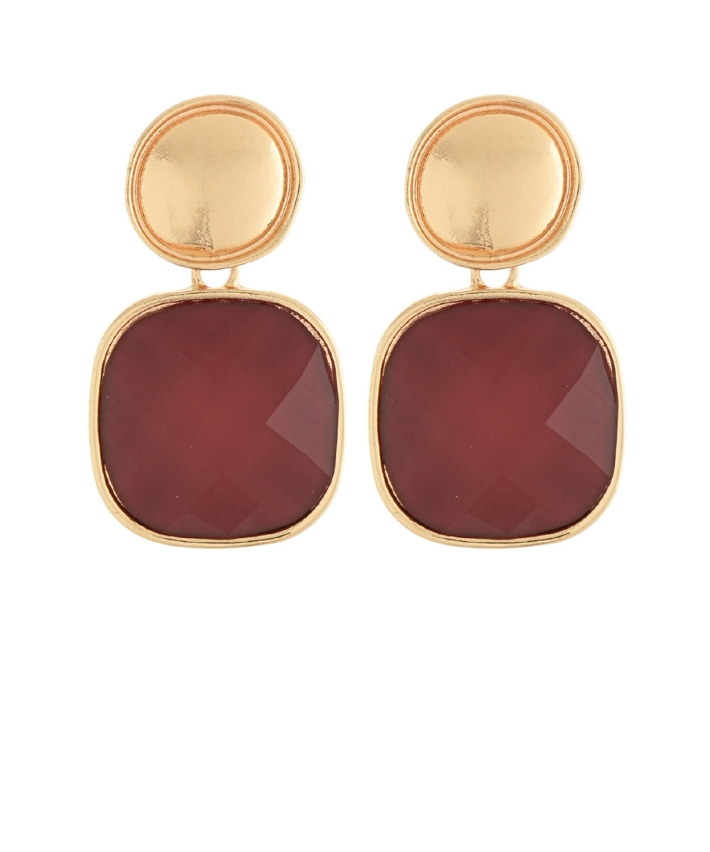 Golden Stella Square Stone & Round Earrings in Burgundy
