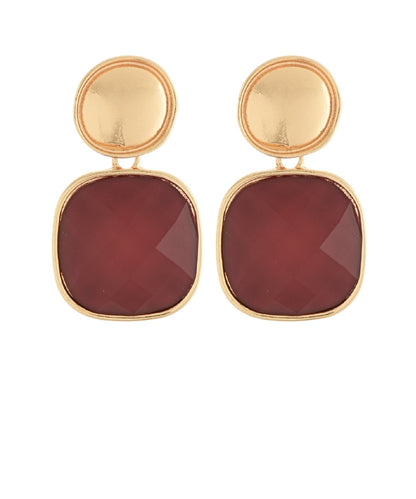 Golden Stella Square Stone & Round Earrings in Burgundy