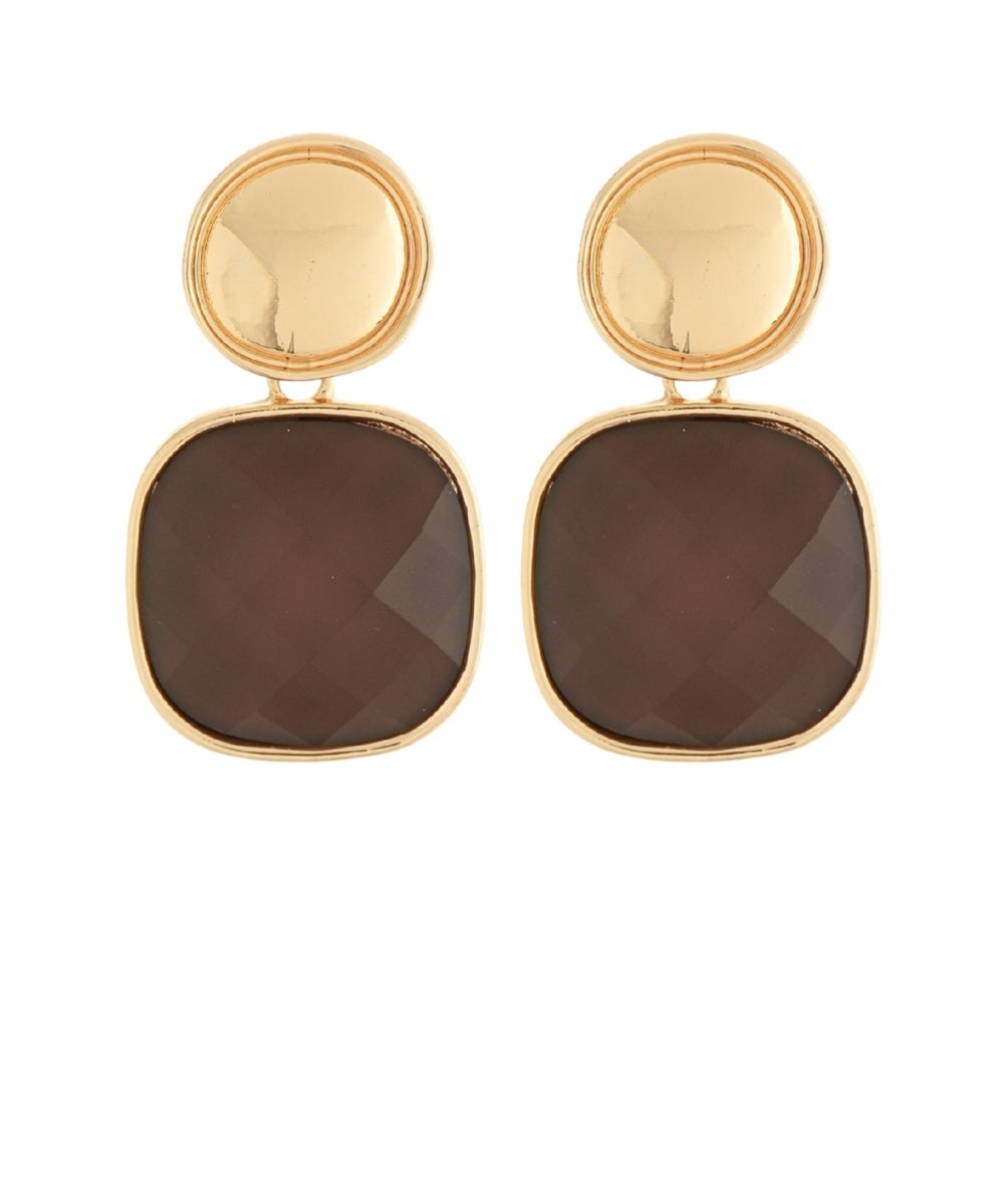 Golden Stella Square Stone & Round Earrings in Brown