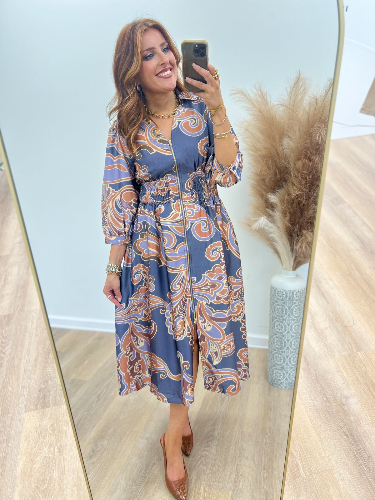 Printed V-neck midi dress, slate grey mix with swirls, smocked waist, 3/4 sleeves