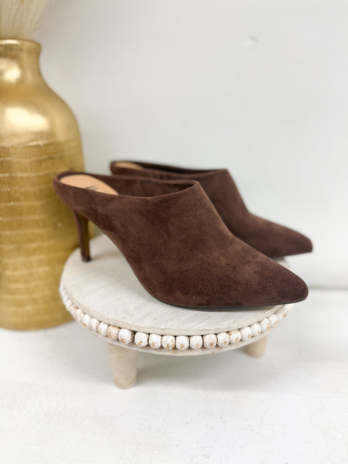 Chocolate suede kitten heel mule with pointed toe and beaded platform sole