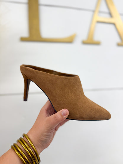 Camel suede mule with pointed toe and slender kitten heel, slip-on style