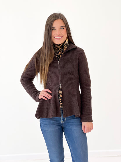 Dark brown ribbed zip-up cardigan with vertical zipper and long cuff sleeves