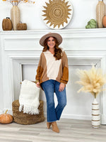 Taupe Combo V-Neck Seam Long Sleeve Top