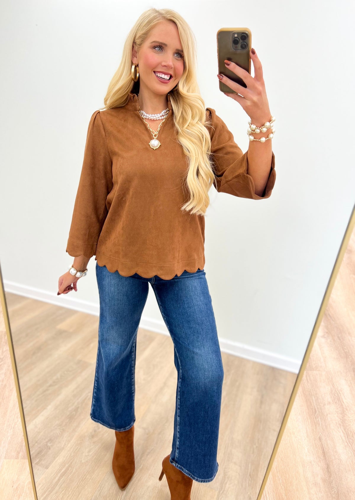 Jodifl Faux Suede Scallop Edge Ruffle Neck Top