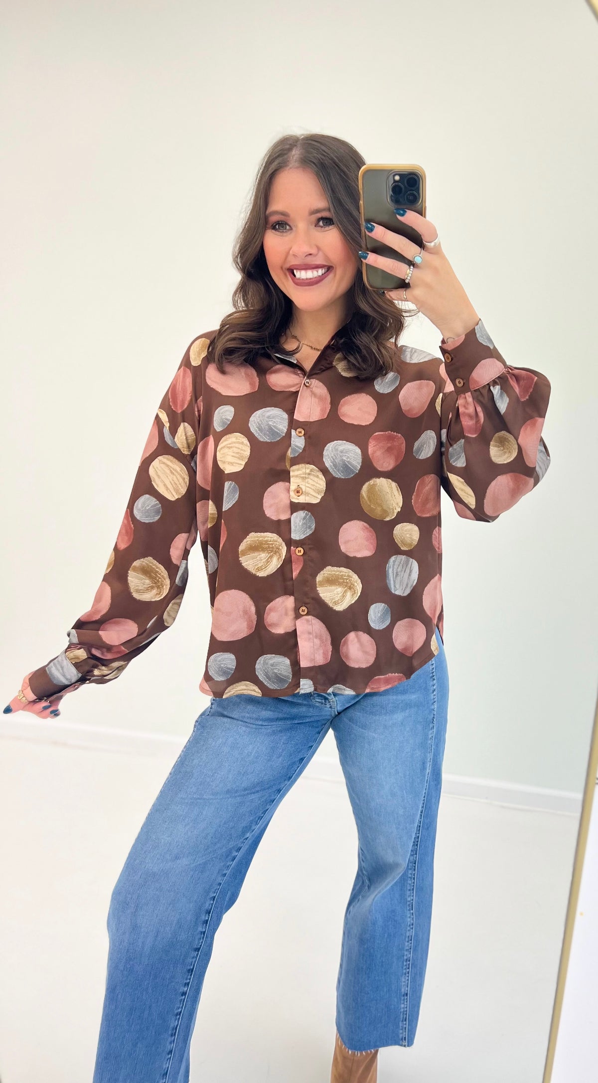 Fate Polka Dot Satin Button Down Top