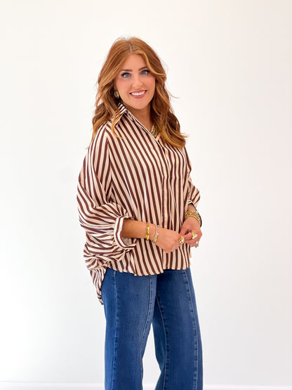 Women's striped button-down shirt, burgundy and white vertical stripes, puff sleeves and cuffs