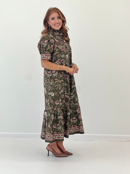Olive ruffle high-neck border print midi dress with short sleeves and tiered hem