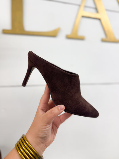 Chocolate suede mule with pointed toe and slender kitten heel, slip-on style