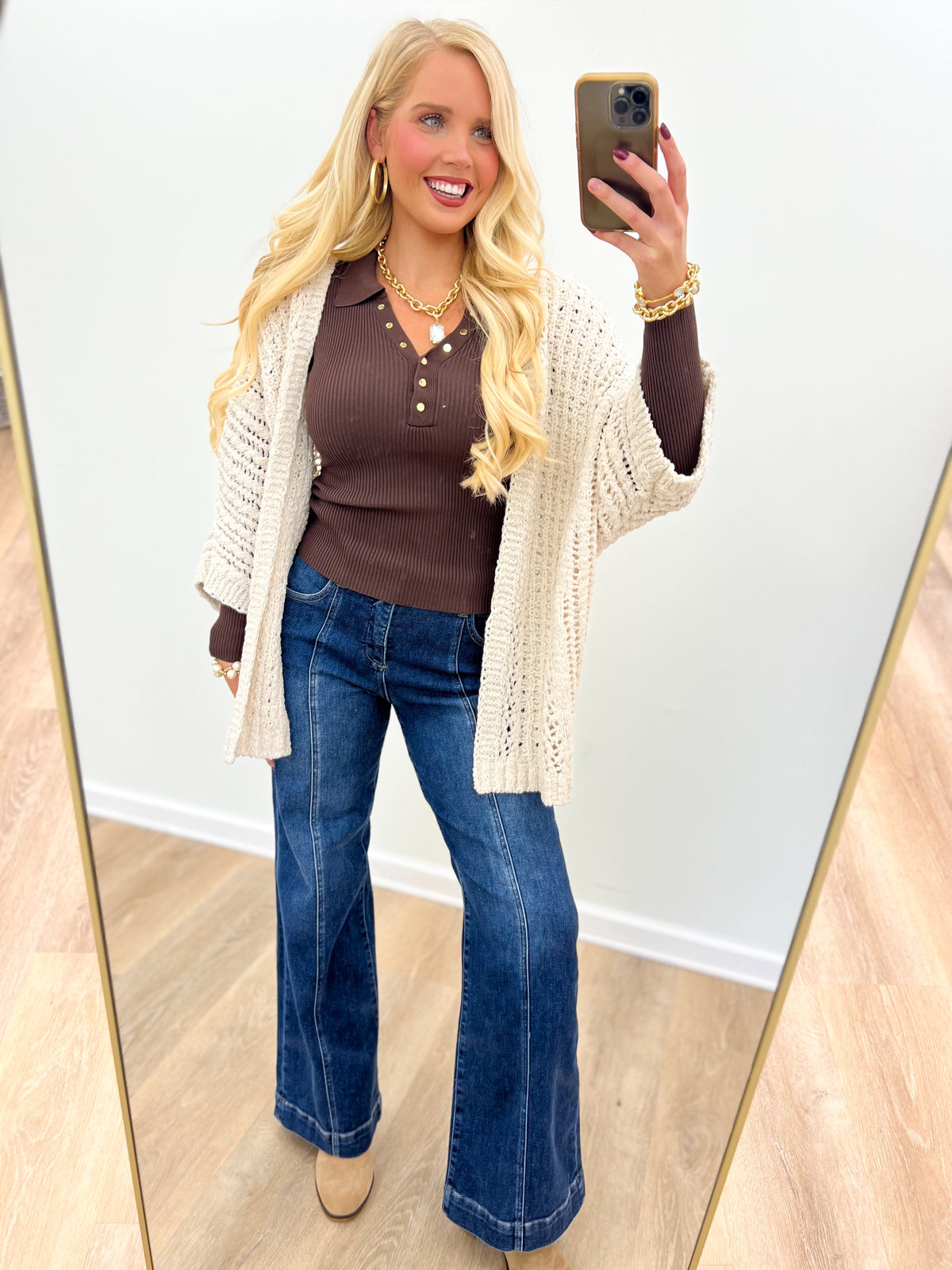 Oatmeal open-knit cardigan with textured knit, long sleeves, and open front