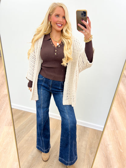 Oatmeal open-knit cardigan with textured knit, long sleeves, and open front