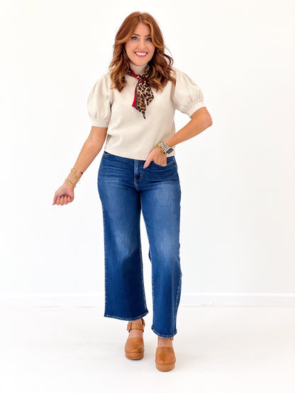 Mock neck short-sleeve sweater with scarf, cream knit top with leopard print neck tie