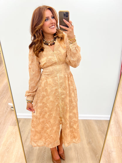 Latte sheer textured midi dress with smocked waist, V-neck button front, puff sleeves