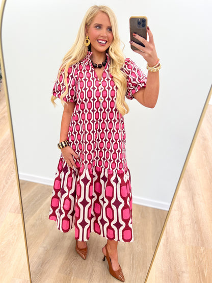 Entro Ruffle Collar Tiered Puff Sleeve Midi Dress