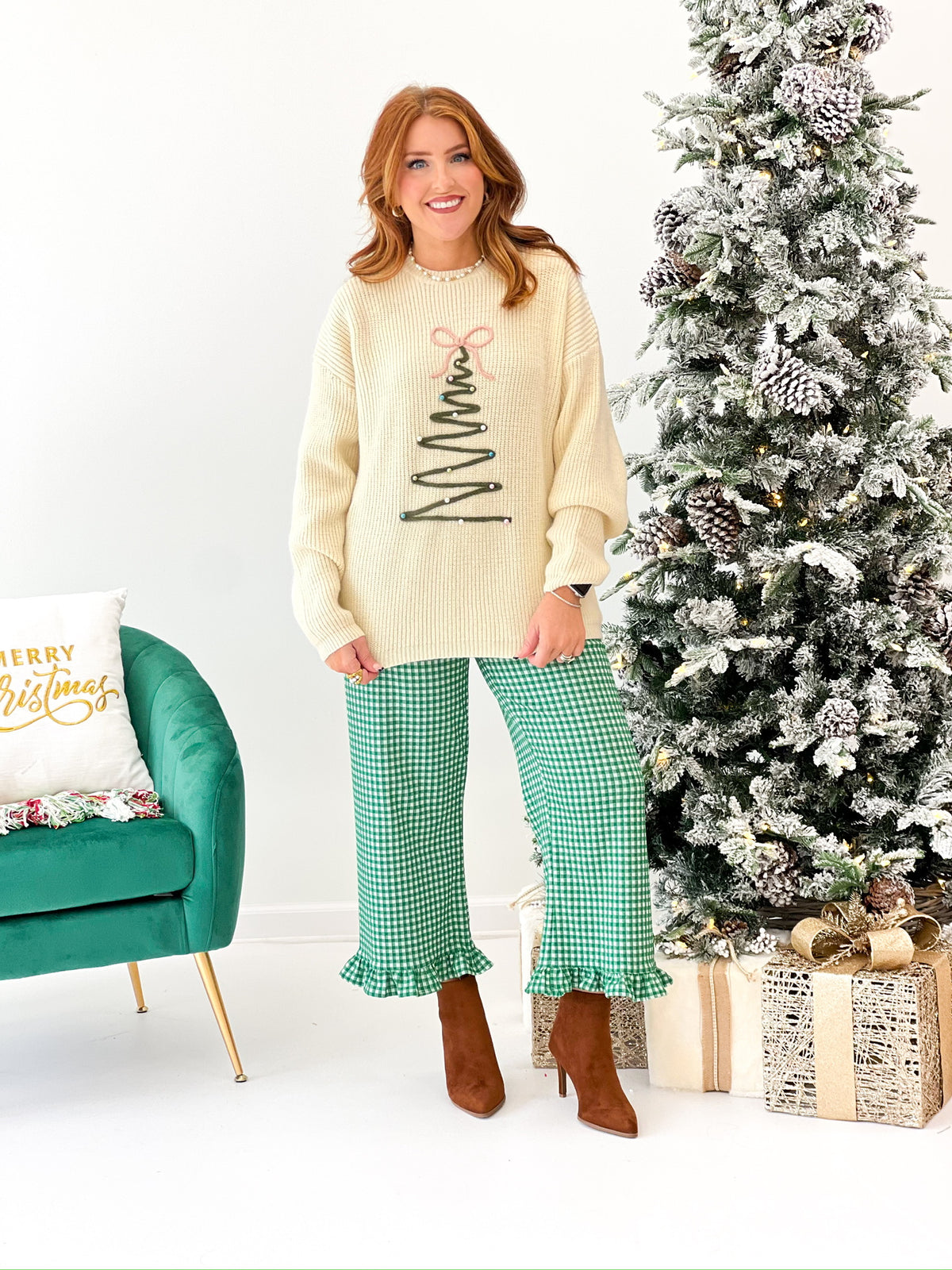 Cream oversized knit sweater with embroidered Christmas tree motif and long sleeves