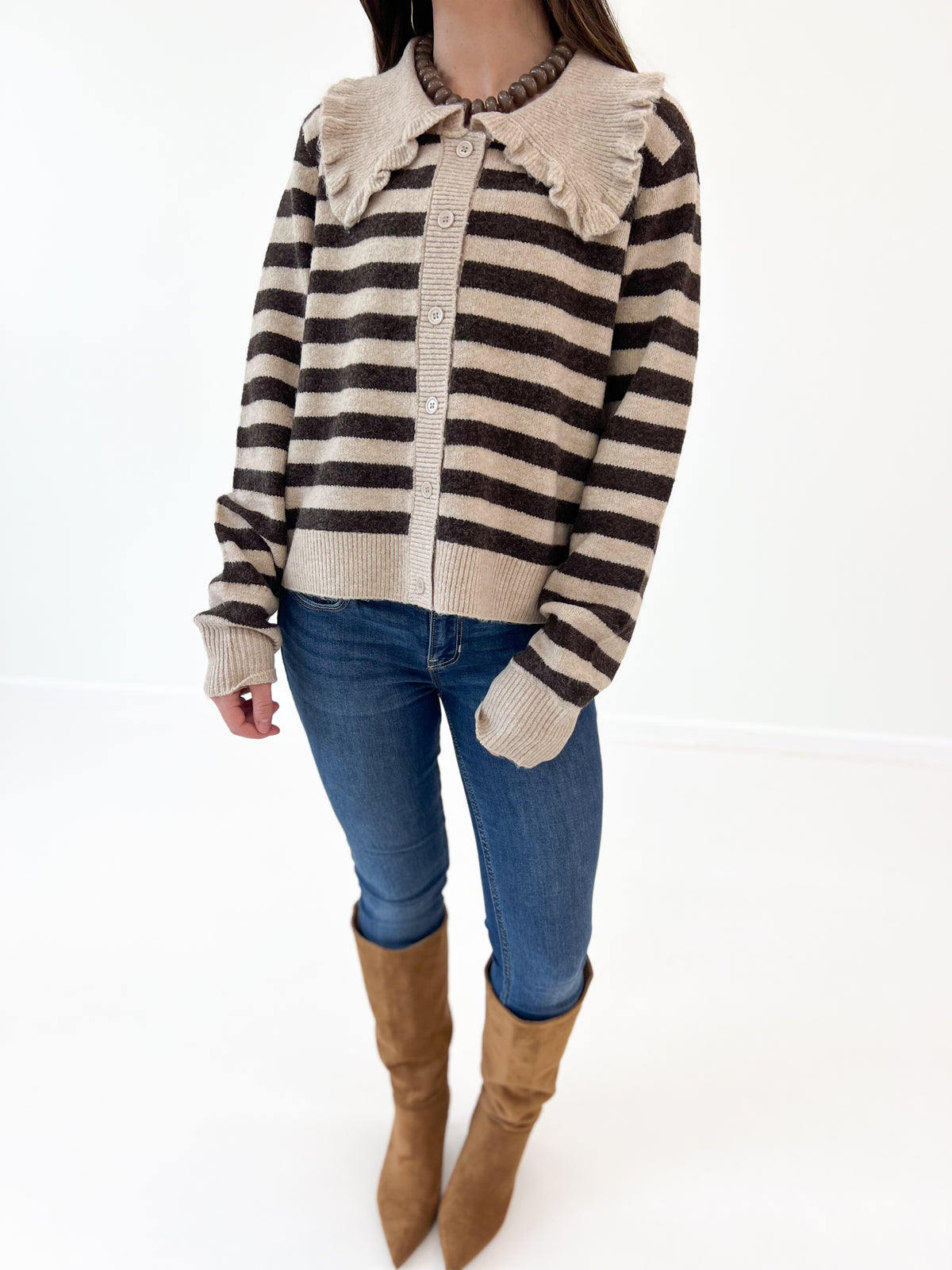 Oatmeal and black striped sweater cardigan with ruffled collar and button-front
