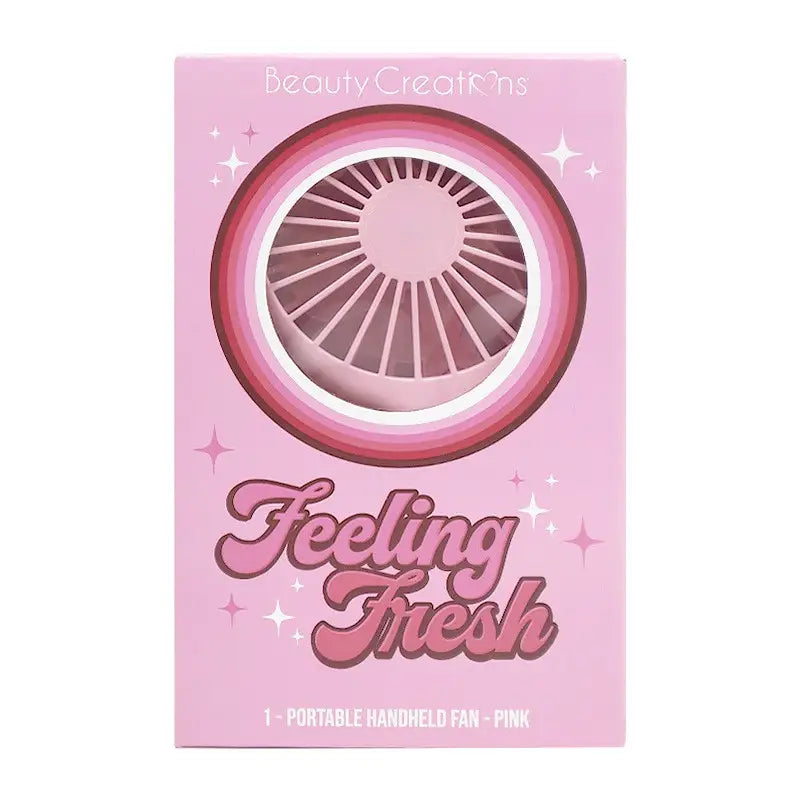 Beauty Creations pink portable handheld fan packaging with a circular fan illustration and “Feeling Fresh” text