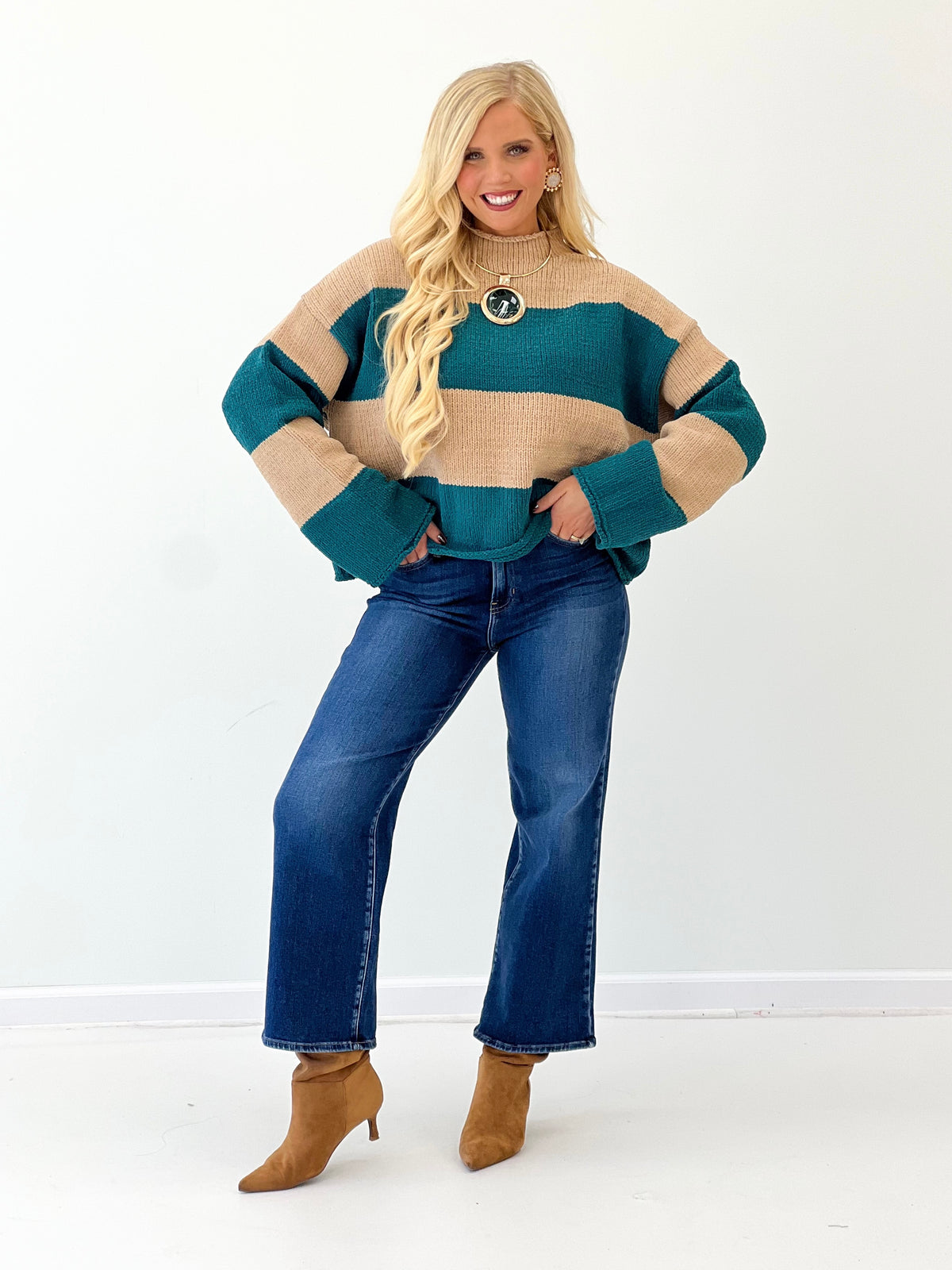 Striped chenille mock neck sweater in sand and teal, long sleeves and hem