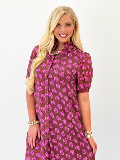 Magenta printed midi button-down dress with ruffled collar and puff sleeves