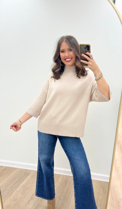 Oatmeal knit mock neck short-sleeve sweater with ribbed neckline and hem