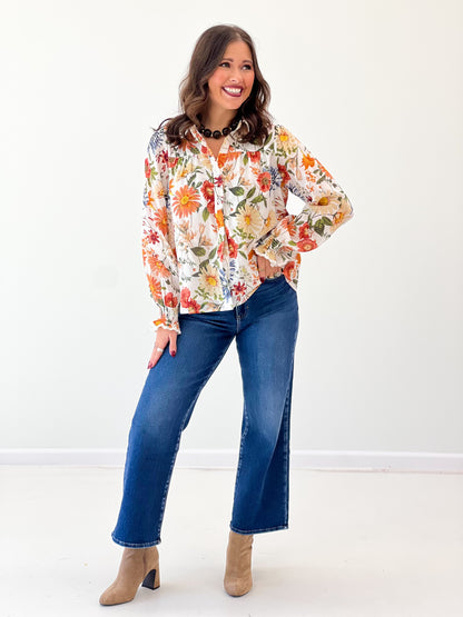 Floral print long-sleeve blouse with lace trim and button front, off-white with multicolor