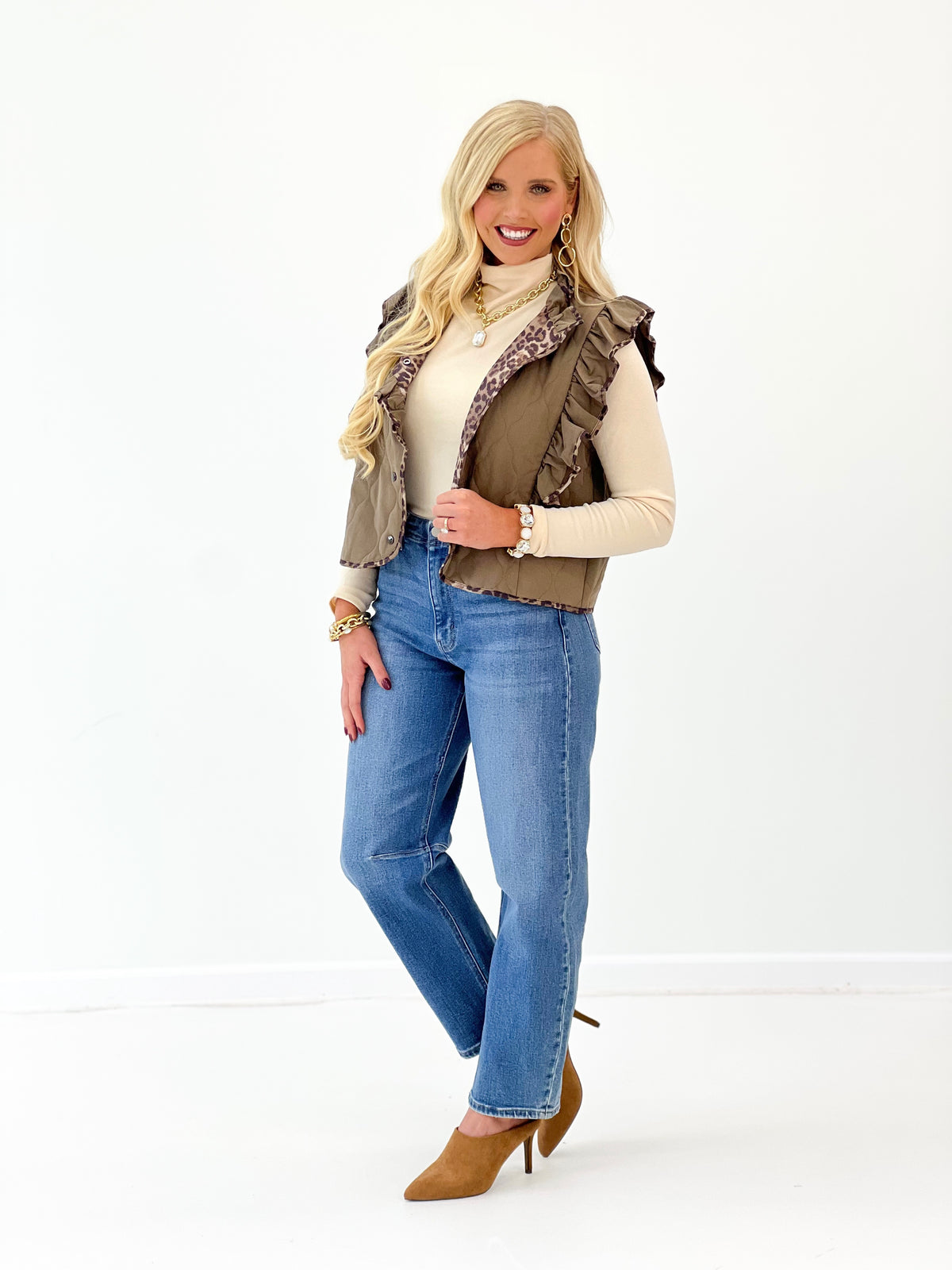 Umgee Quilted Ruffle Vest with Leopard Trim