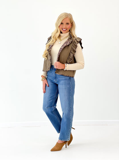 Umgee Quilted Ruffle Vest with Leopard Trim