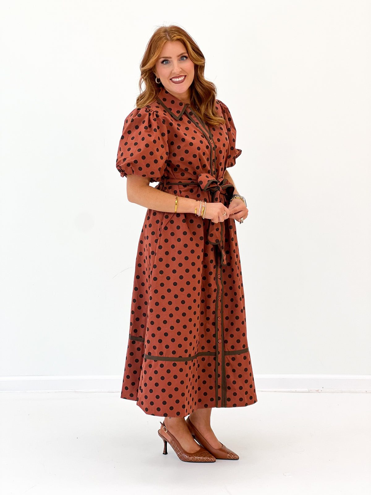 Jodifl Polka Dot Puff Sleeve Midi Dress